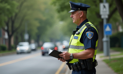 Agent de police en uniforme avec gilet haute visibilité en extérieur