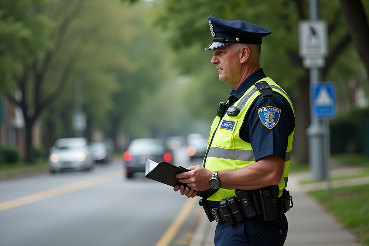 Agent de police en uniforme avec gilet haute visibilité en extérieur