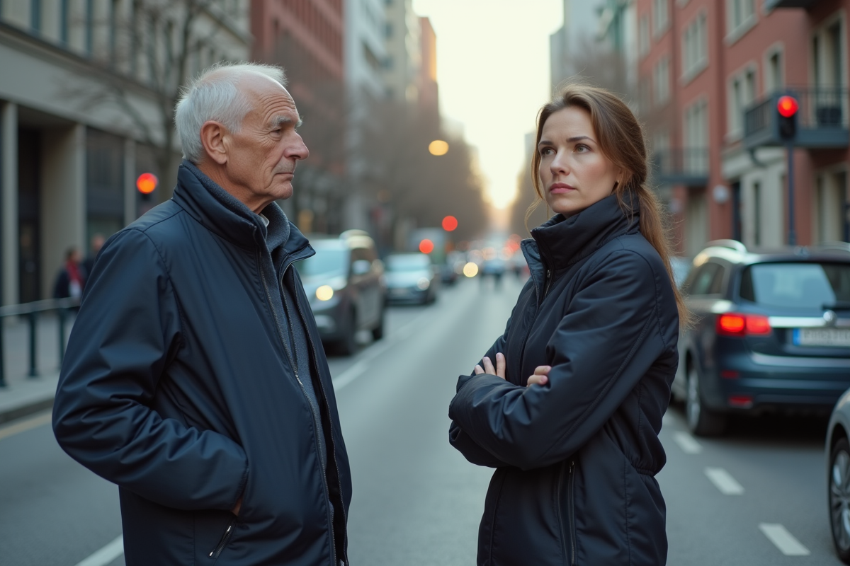 Homme et femme observant une petite voiture endommagée en ville
