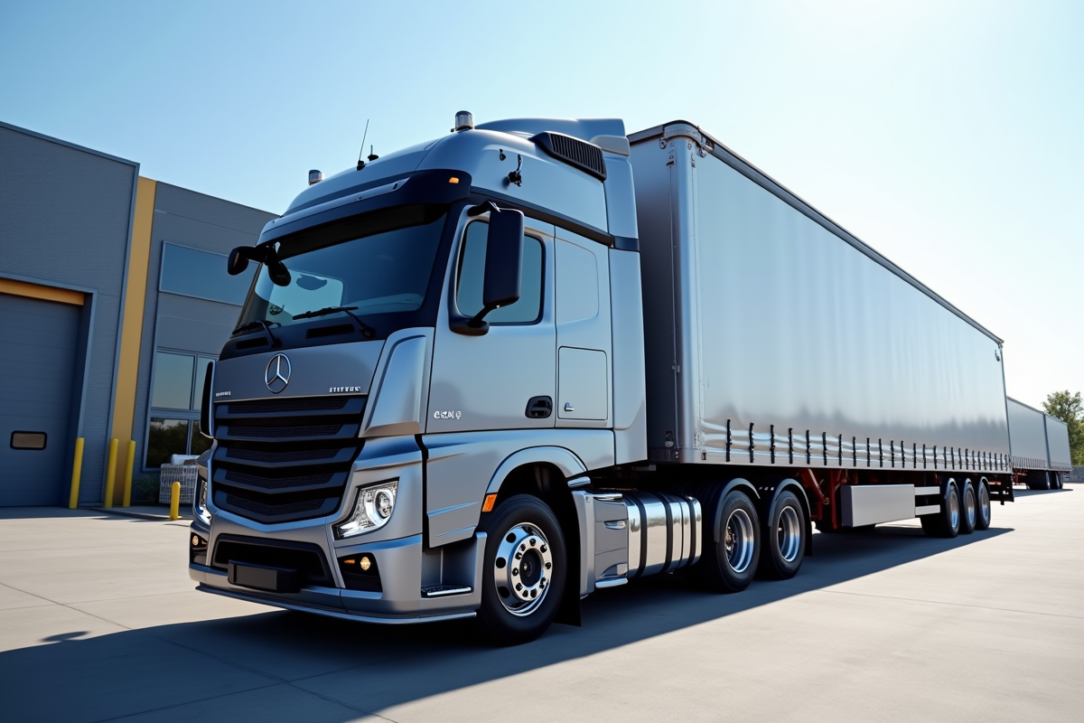 Camion commercial 26 tonnes devant un entrepôt moderne