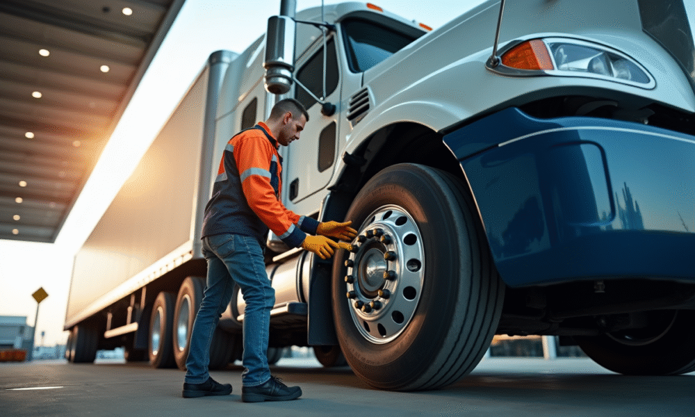 Camion de transport au service avec inspection des pneus