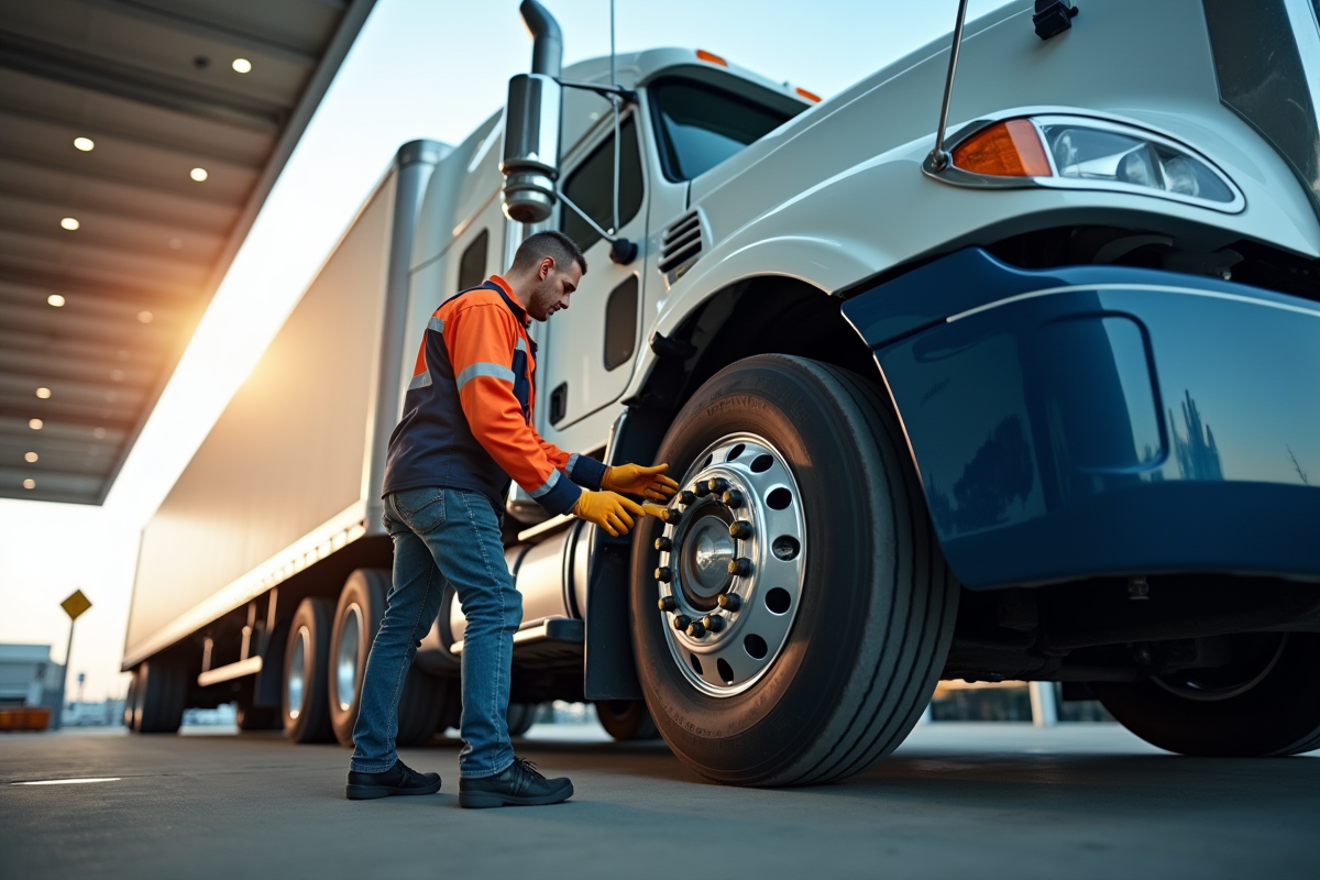 Camion de transport au service avec inspection des pneus
