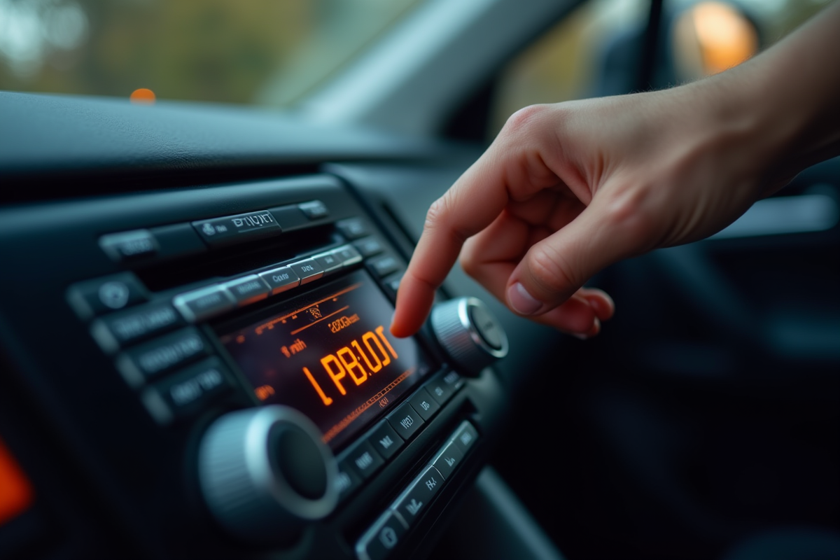 Main appuyant sur le code de securite sur un affichage de voiture