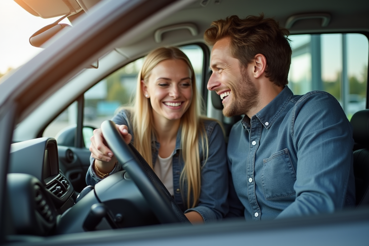 Couple inspectant une Peugeot 2008 dans un concessionnaire