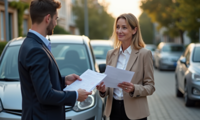Femme d affaires échangeant des papiers d assurance avec un jeune homme