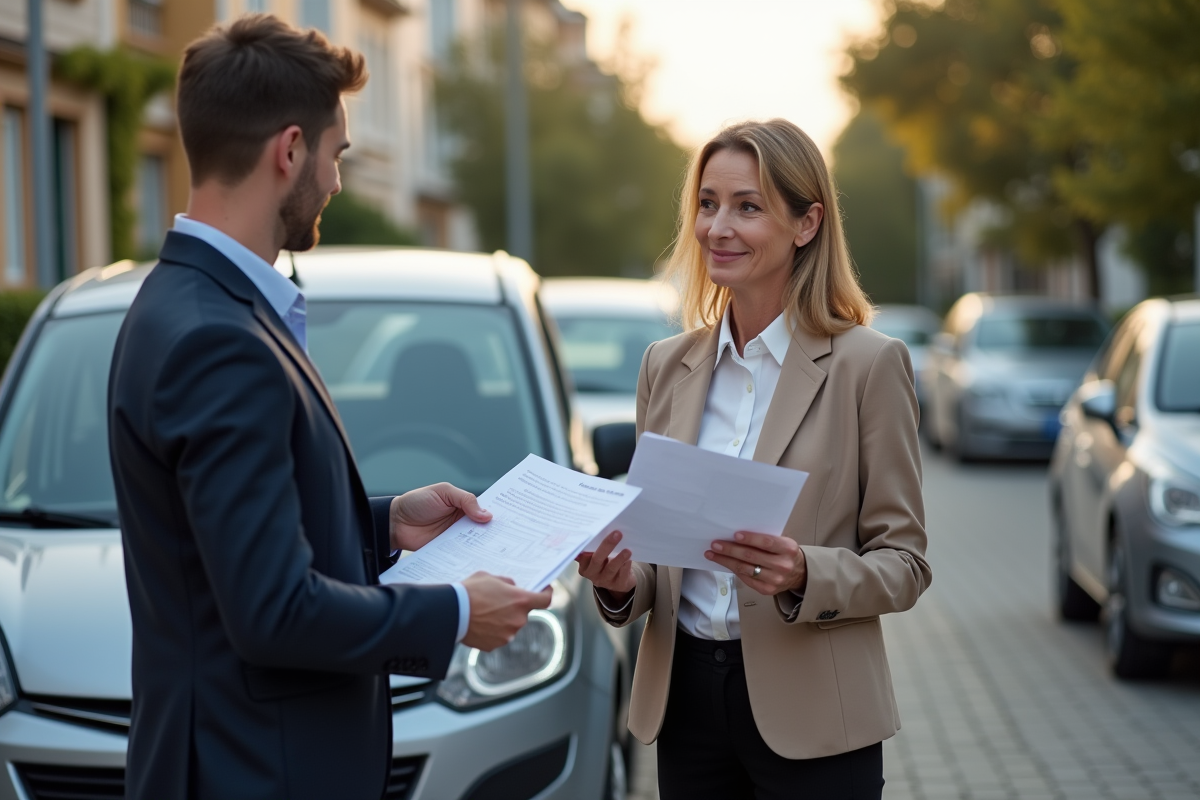 Femme d affaires échangeant des papiers d assurance avec un jeune homme