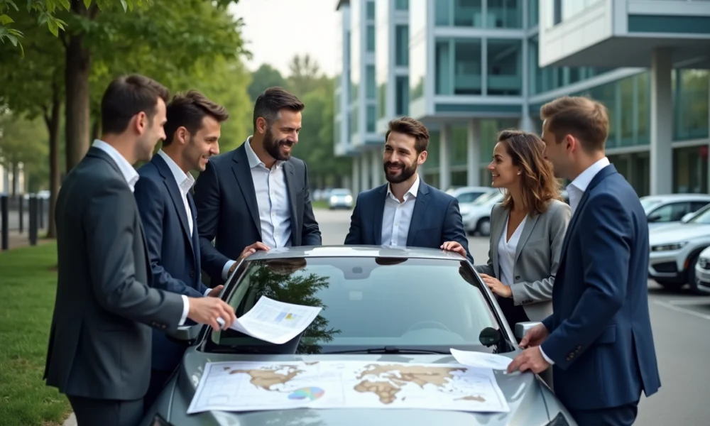 Groupe de professionnels en discussion devant voiture d'entreprise