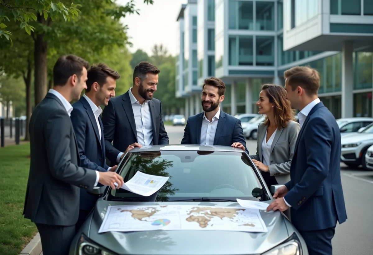 Groupe de professionnels en discussion devant voiture d'entreprise