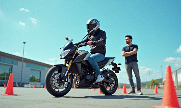 Jeune adulte passant l'examen pratique du permis moto 125cc dans un centre moderne