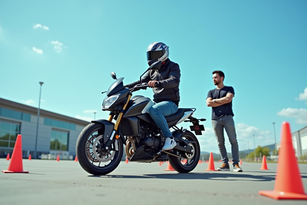Jeune adulte passant l'examen pratique du permis moto 125cc dans un centre moderne