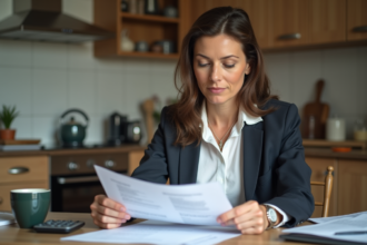 Femme d'affaires dans une cuisine moderne examine des documents