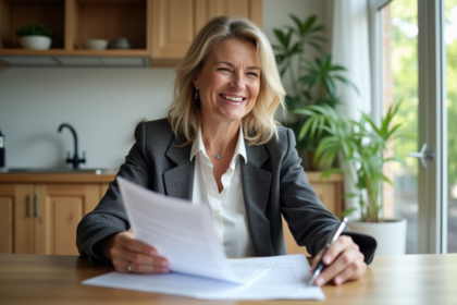 Femme d'affaires souriante vérifiant documents d'assurance voiture