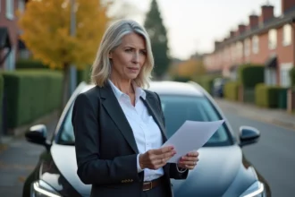 Femme d'affaires avec documents d'assurance devant sa voiture