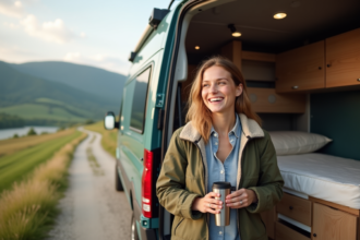 Femme souriante près de son van en pleine nature
