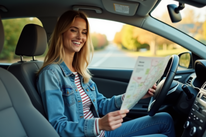 Femme souriante dans sa voiture avec une carte routière