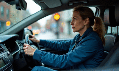 Femme en voiture regardant le feu orange en ville