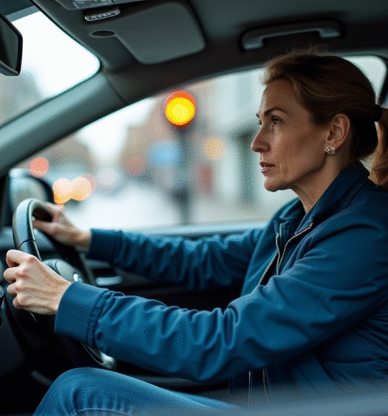 Femme en voiture regardant le feu orange en ville