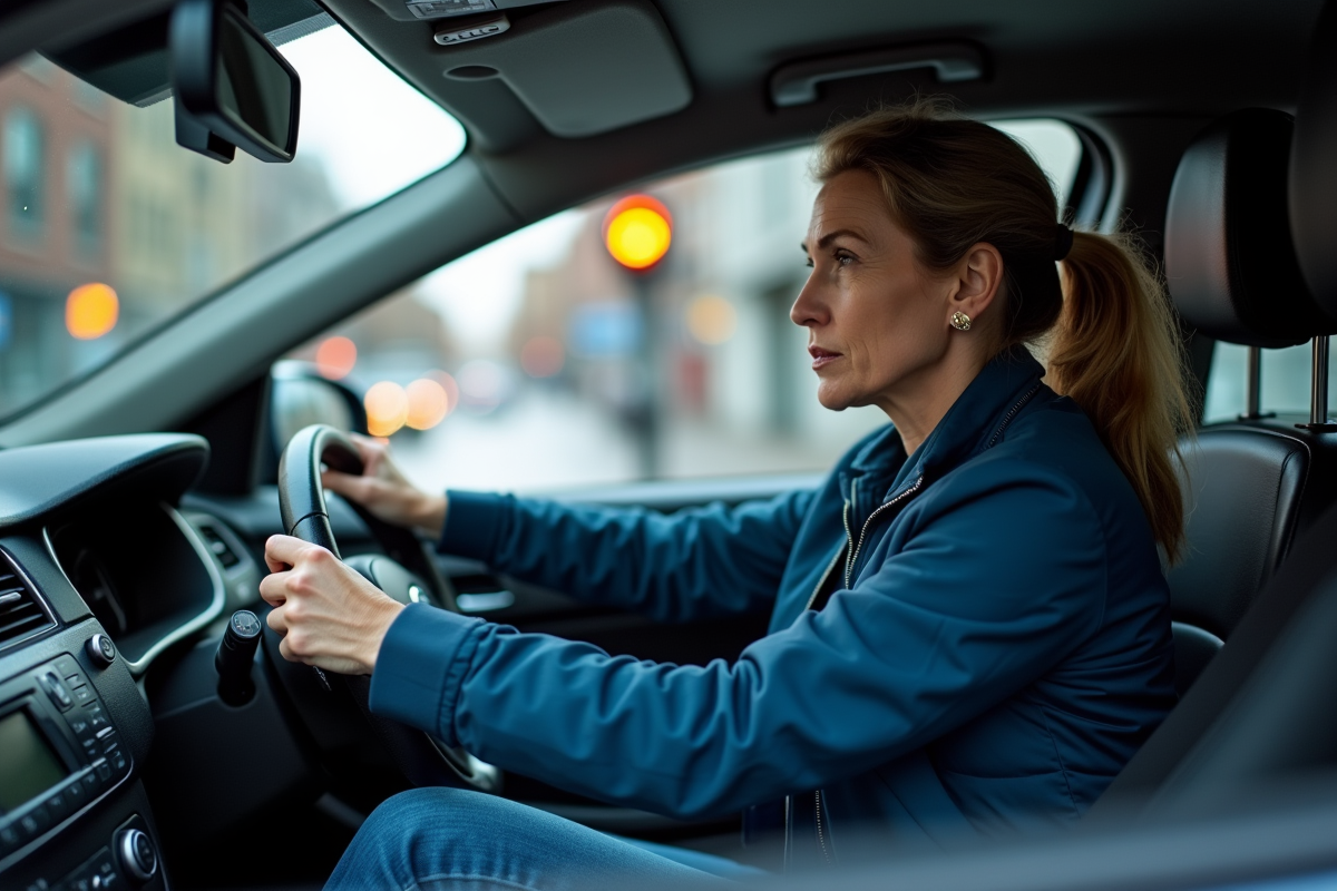 Femme en voiture regardant le feu orange en ville