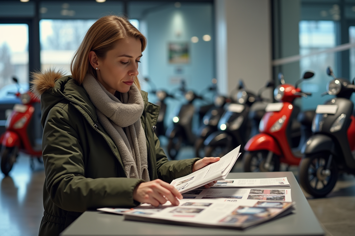 Femme regardant catalogue de scooters en expo intérieure