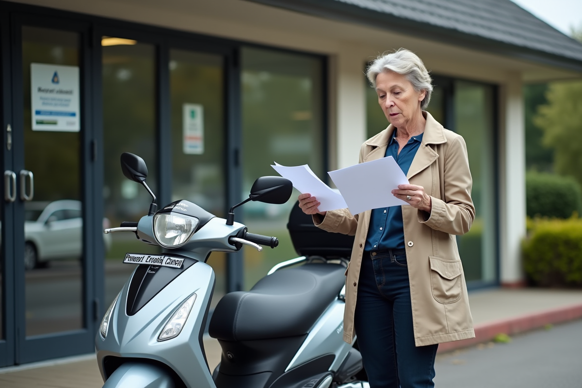 Femme vérifiant documents près de son scooter en bureau automobile