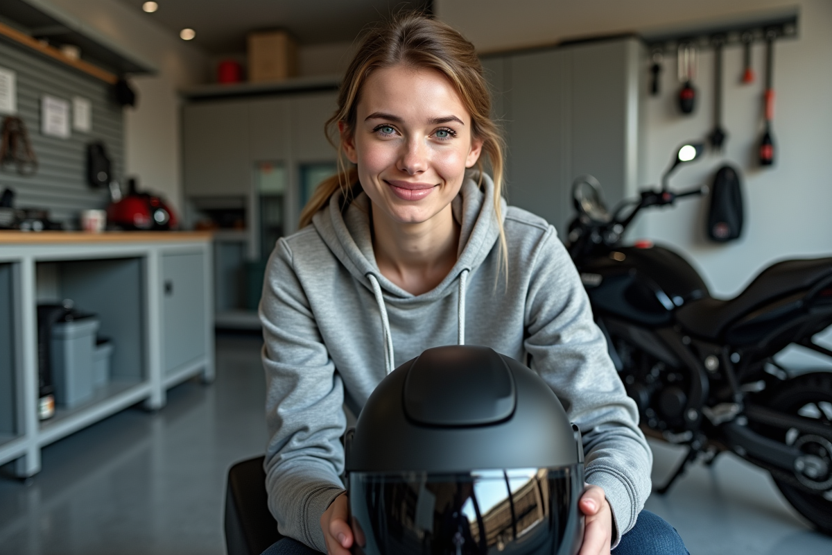 Femme dans un garage avec casque ouvert et antifog