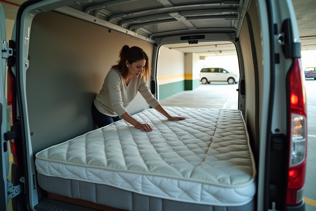 Femme guidant un matelas dans un parking souterrain