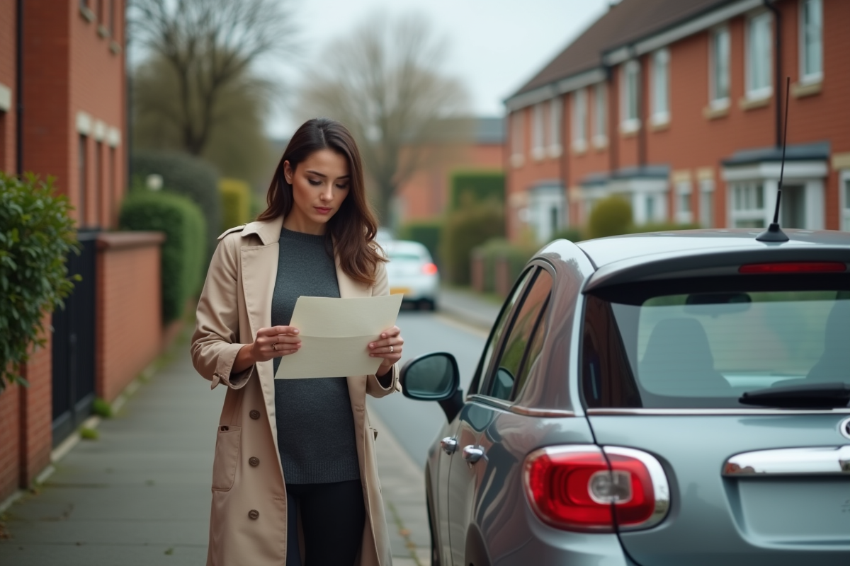 Femme lisant une lettre près de sa voiture dans la rue