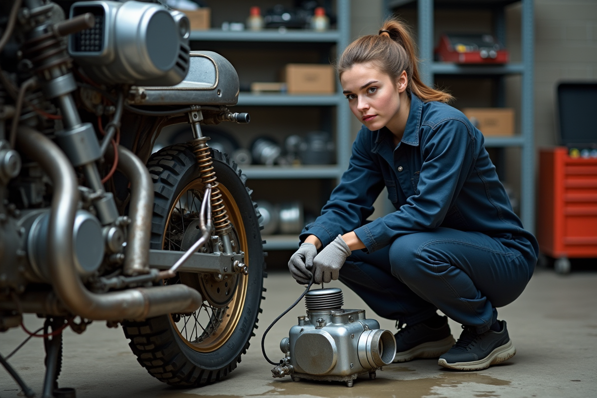Jeune femme mécanicienne inspectant un moteur dans un atelier encombré