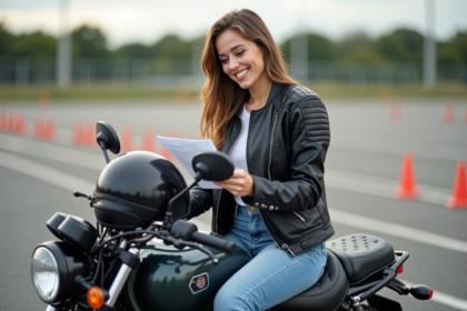 Femme souriante en moto et équipement de formation