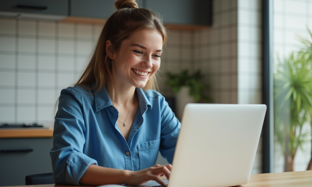 Jeune femme souriante vérifiant ses options d'assurance auto