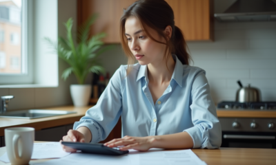Femme concentrée à la maison avec documents et calculatrice