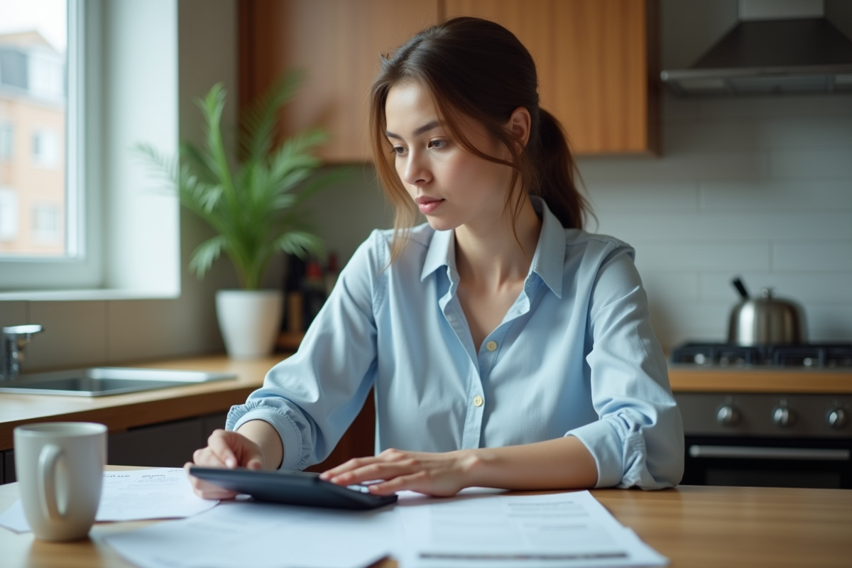 Femme concentrée à la maison avec documents et calculatrice