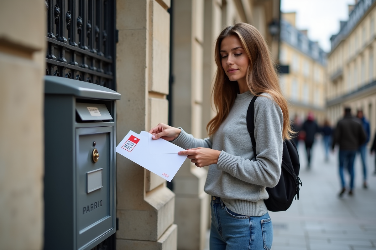 Jeune femme déposant une enveloppe pour carte grise devant une poste