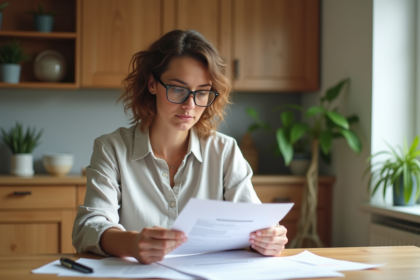 Femme en blouse regardant documents d'assurance à la maison