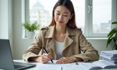 Femme concentrée à son bureau avec papiers et ordinateur