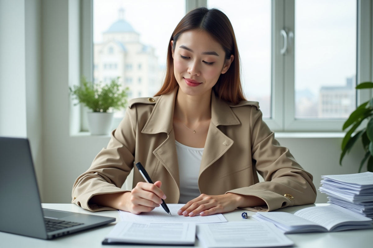 Femme concentrée à son bureau avec papiers et ordinateur