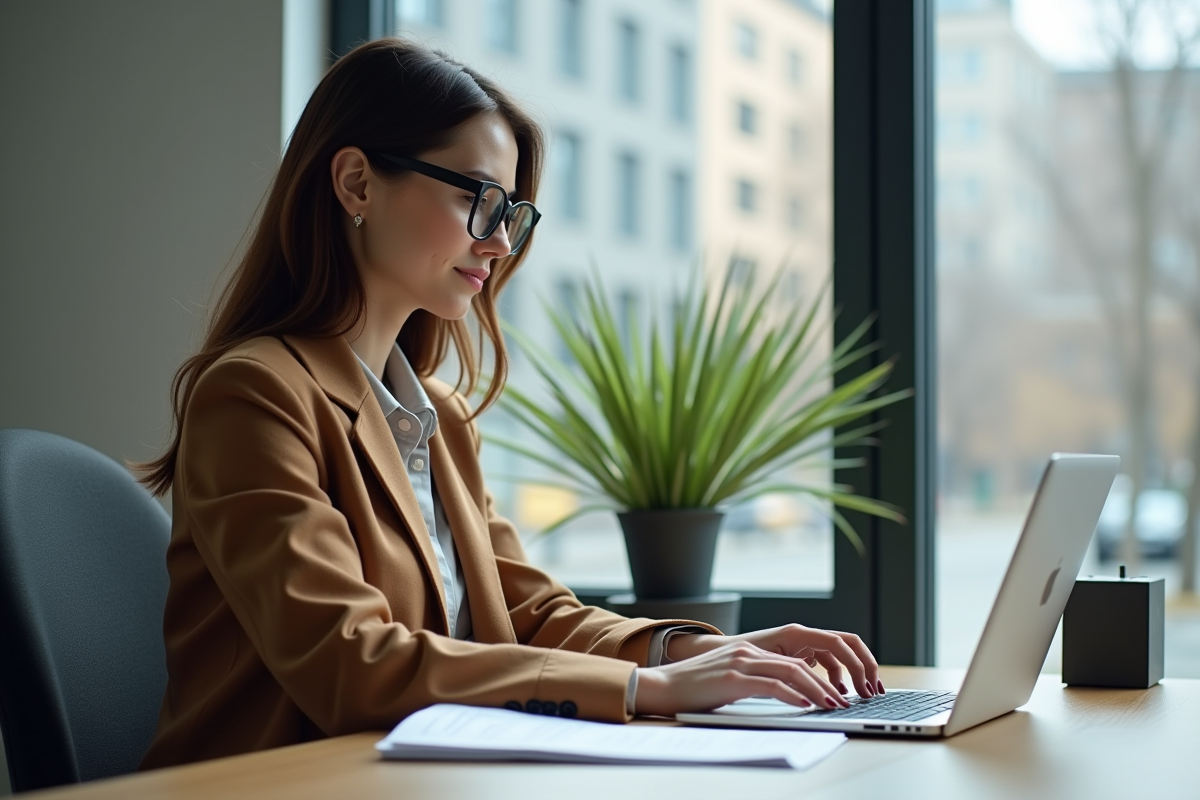 Femme au bureau tapant sur ordinateur avec documents voiture