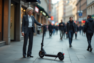 Femme d affaires pointant un scooter tombé sur le trottoir