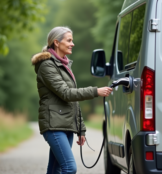 Femme souriante près d’un van électrique en forêt