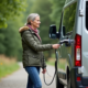 Femme souriante près d’un van électrique en forêt