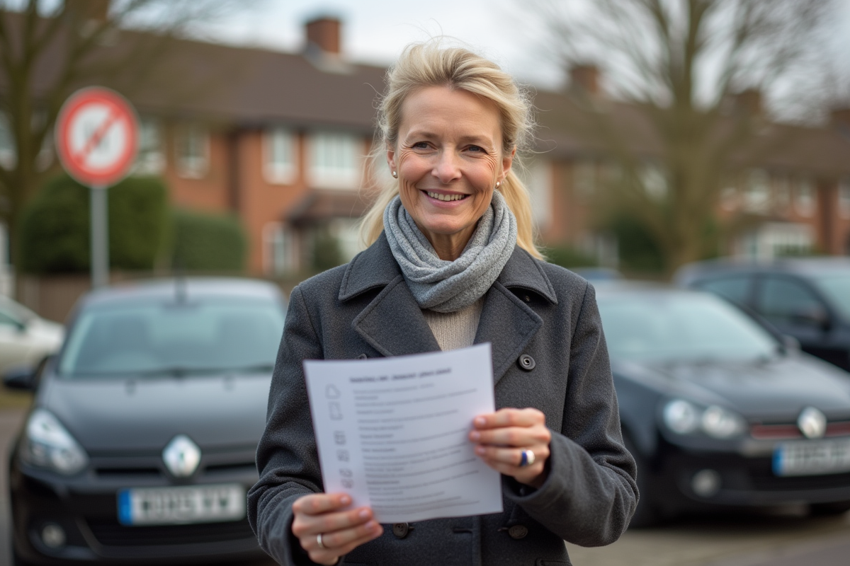 Femme vérifiant une liste de contrôle devant une voiture d