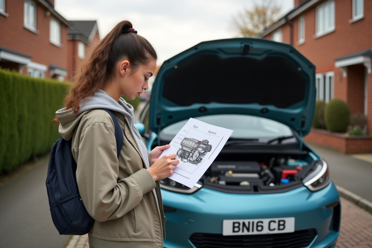 Jeune femme regarde un diagramme moteur près de sa voiture