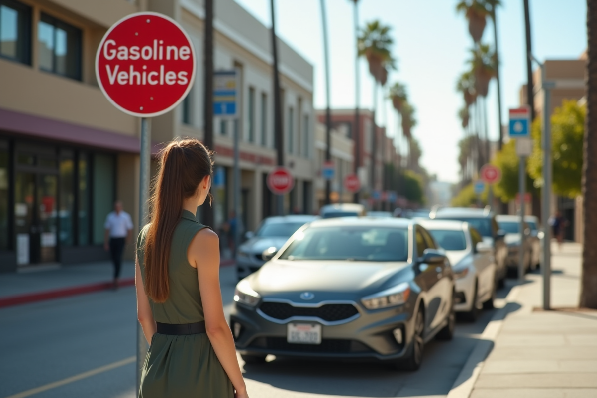 Jeune femme observant voitures et panneau interdit gazoline