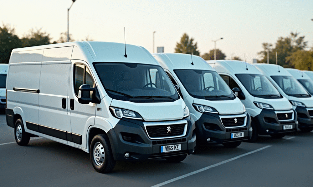 Plusieurs fourgons commerciaux dont un Peugeot Boxer en extérieur