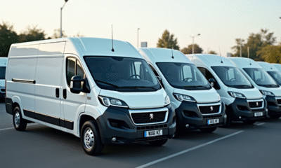 Plusieurs fourgons commerciaux dont un Peugeot Boxer en extérieur