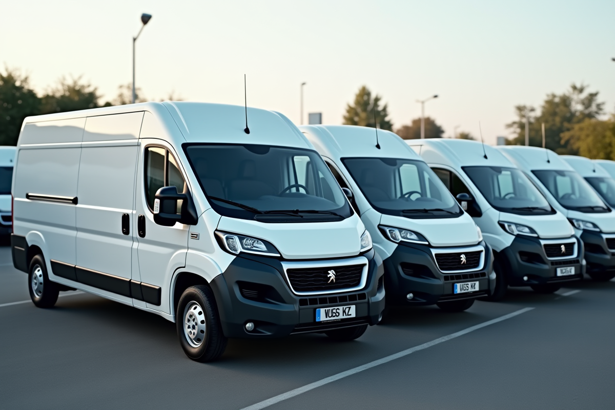 Plusieurs fourgons commerciaux dont un Peugeot Boxer en extérieur