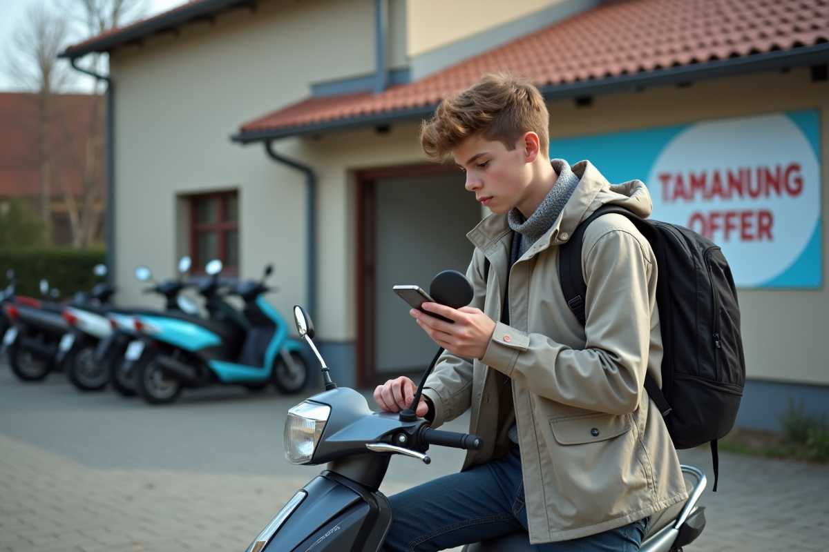 Adolescent vérifiant son smartphone devant un scooter