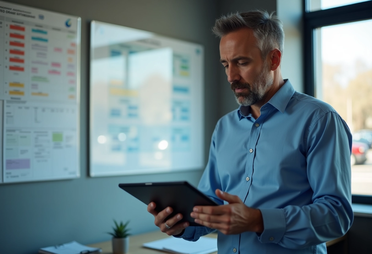 Manager de flotte vérifiant cartes sur tablette en bureau