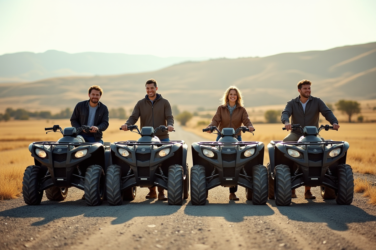 Groupe de quatre personnes avec quads en milieu rural