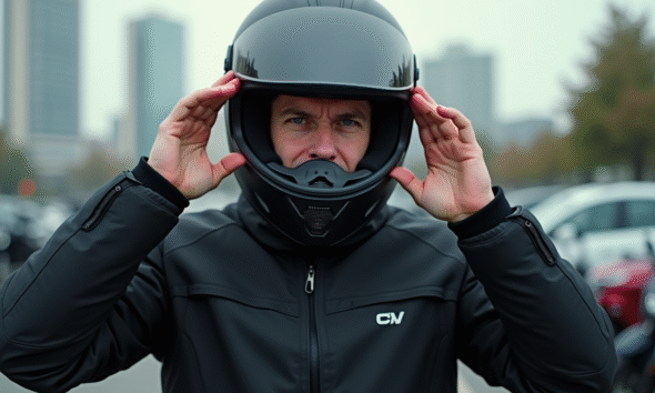 Homme en moto avec casque antifog en ville